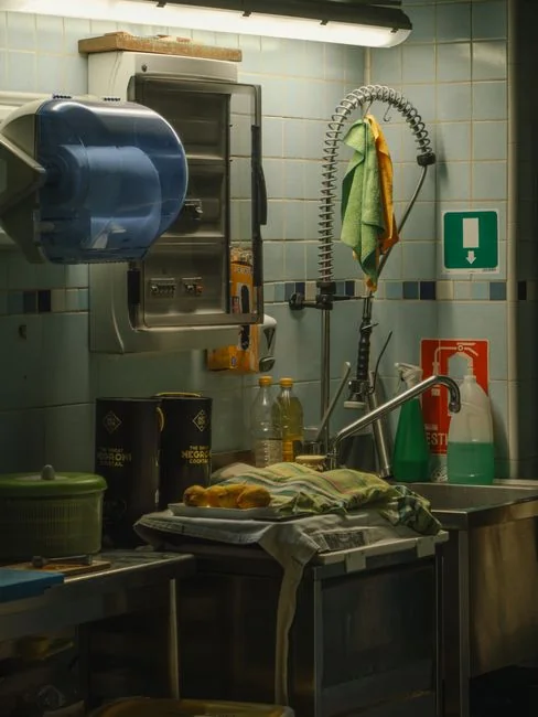 From above of crop anonymous person in rubber gloves using soapy sponge while cleaning toilet bowl